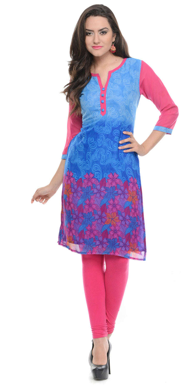 India Tunic Top Long Kurti Georgette Womens Printed Indian Clothing (Blue)