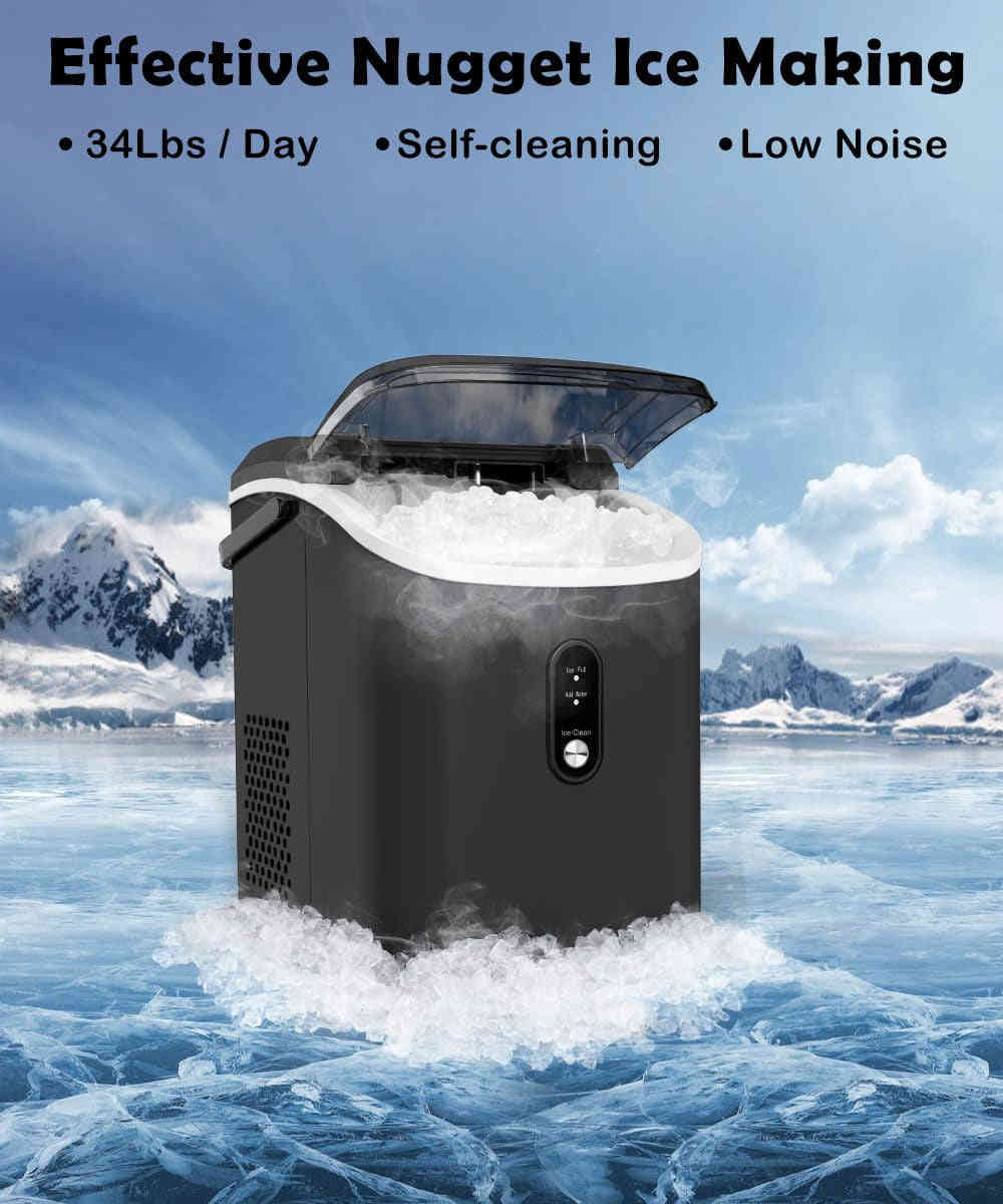 Nugget Ice Maker Countertop - 34Lbs/Day Chewable Pebble Ice Machine with Self Cleaning