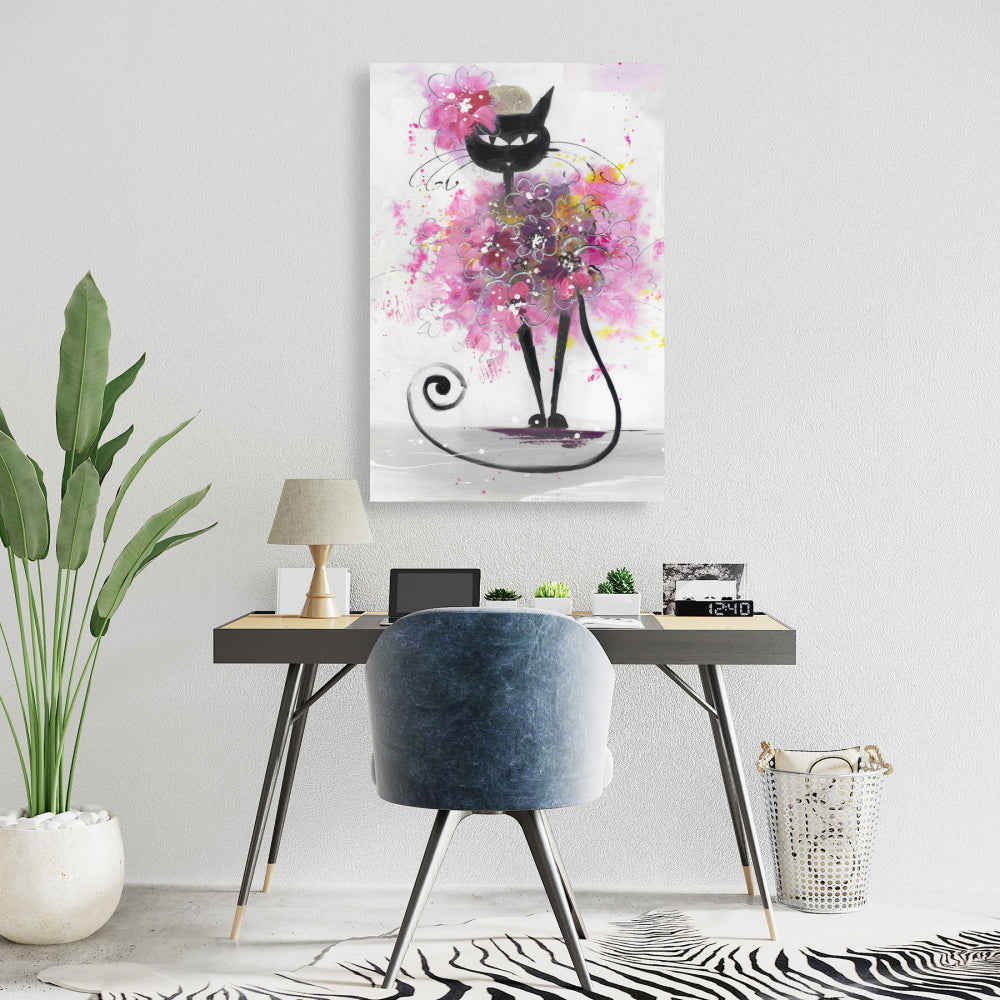 Cartoon Cat With Pink Flowers - Fine Art Gallery Wrapped Canvas 24x36