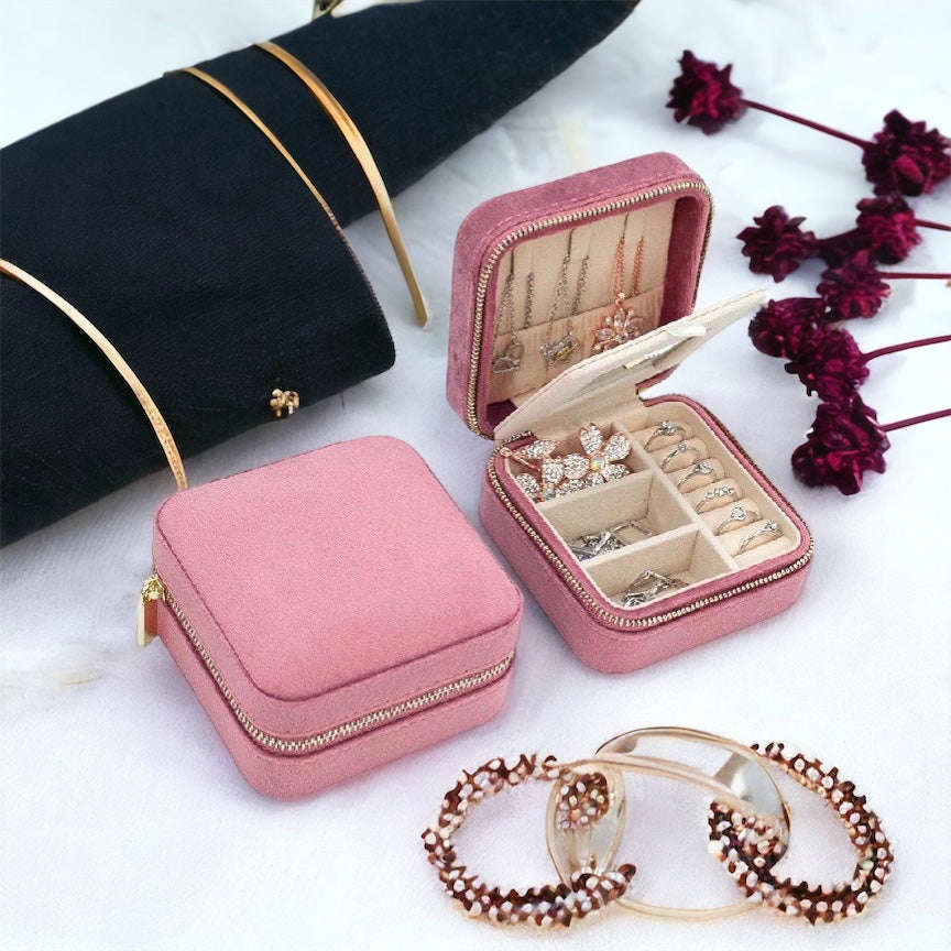 Velvet Jewelry Box - Square, Tangle-Free Travel Organizer