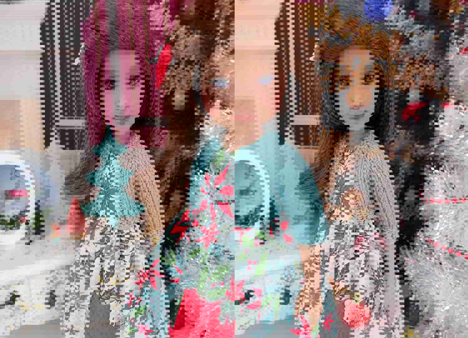 Mid Century Poinsettias Dress with Sweater & Boots for Ruby Red Fashion Friends Doll