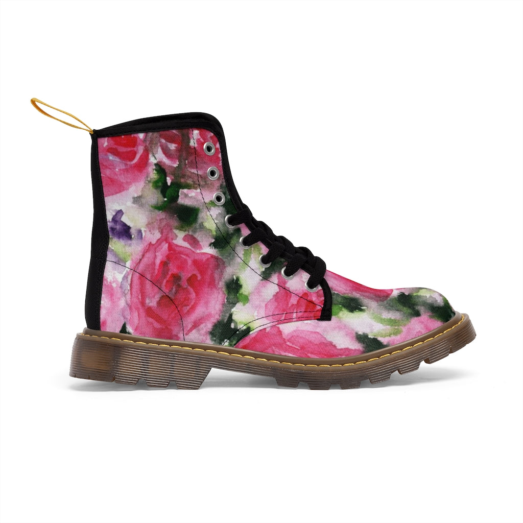 Abstract Pink Floral Women's Boots - Vintage Rose Print Designer Hiking Boots (US Size 6.5-11)