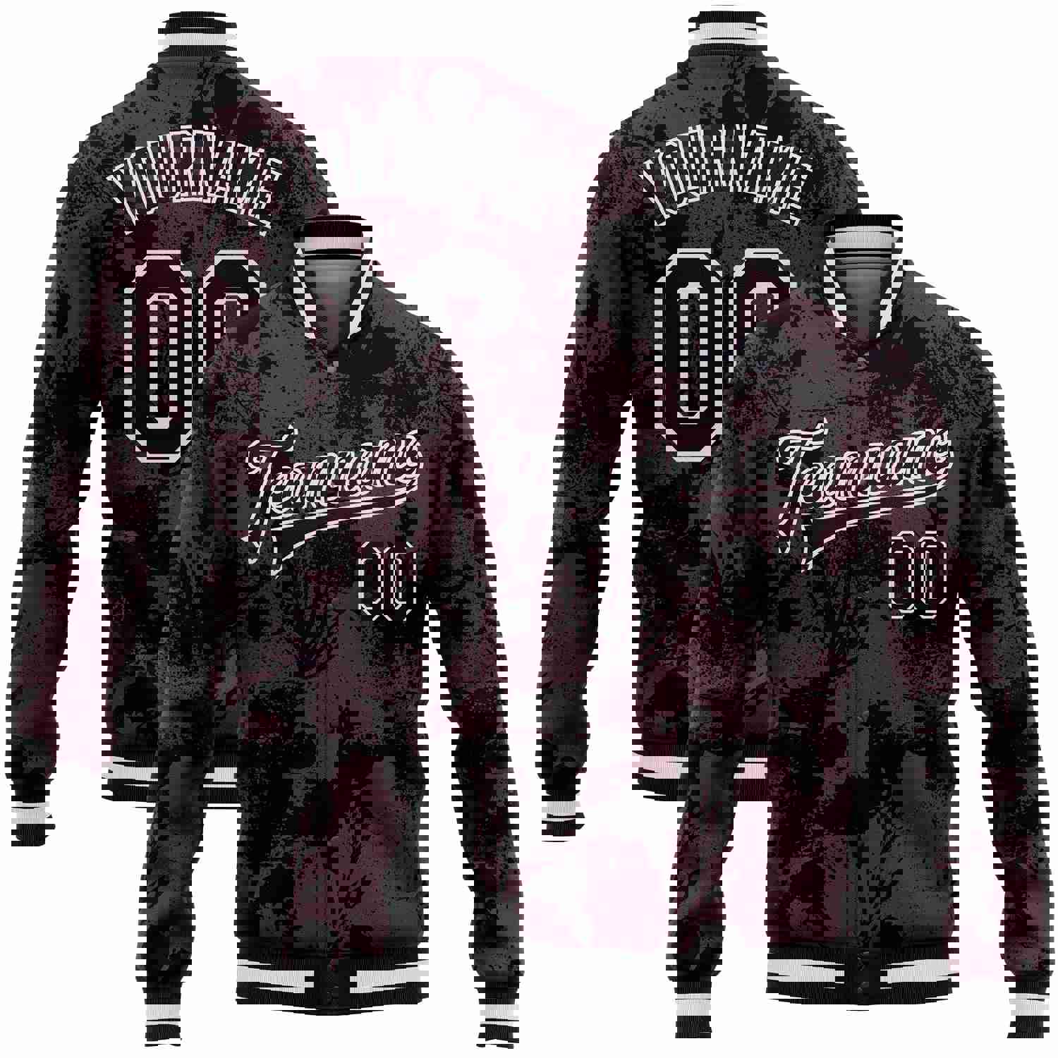 Custom Burgundy Black-White Plant And Flower 3D Pattern Design Bomber Full-Snap Varsity Letterman Jacket