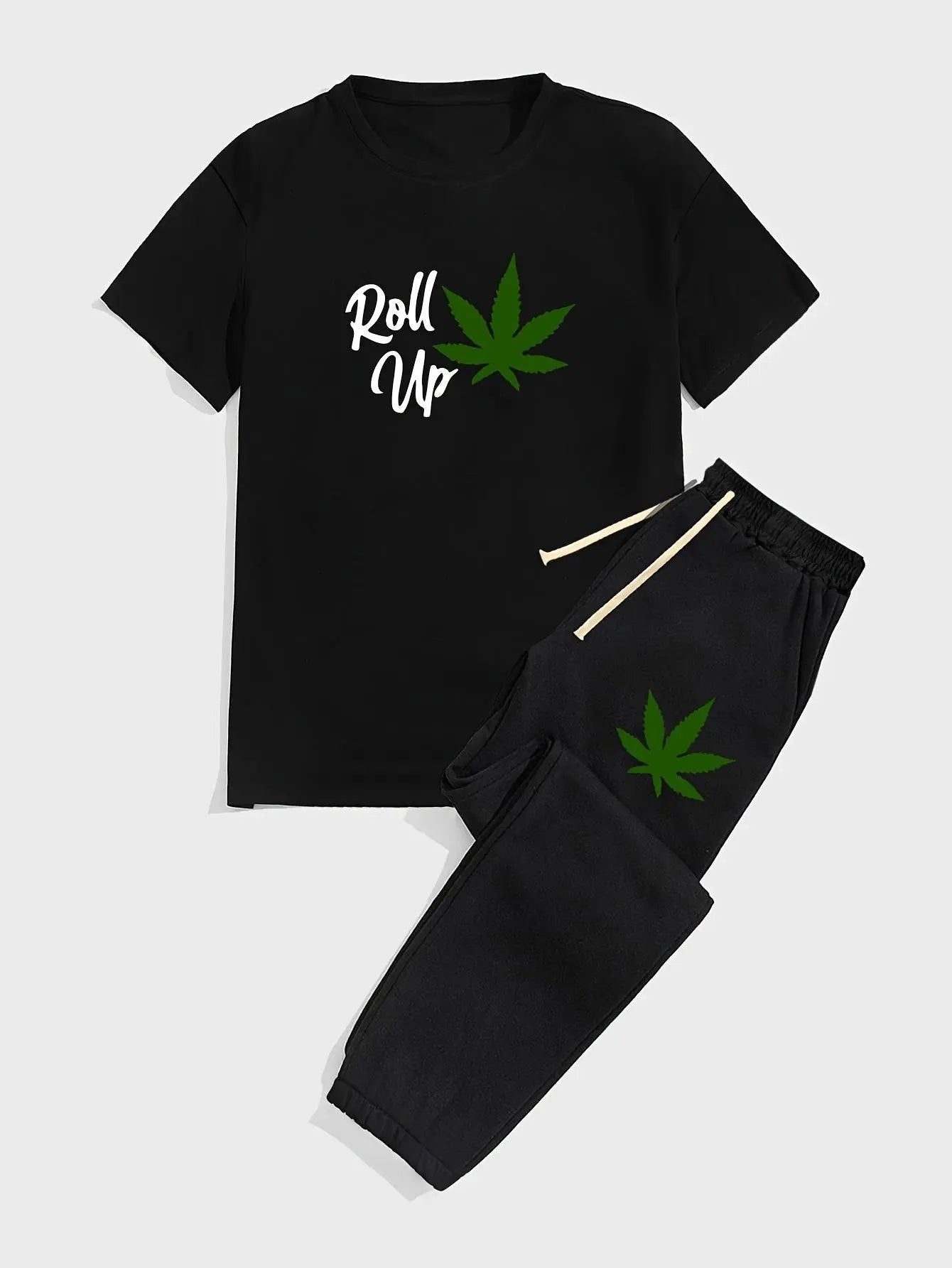 Mens Leaf Pattern T-Shirt and Drawstring Pants Set - Stylish Summer Outfit
