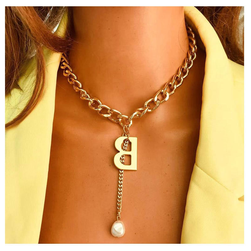 Gold Letter B Pendant Punk Choker Necklace for Women - Irregular Pearl Statement Jewelry