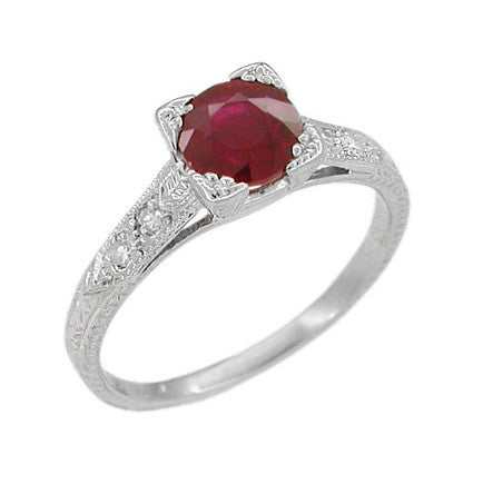 1920s Art Deco Ruby and Diamonds Engraved Fishtail Engagement Ring in 18K White Gold