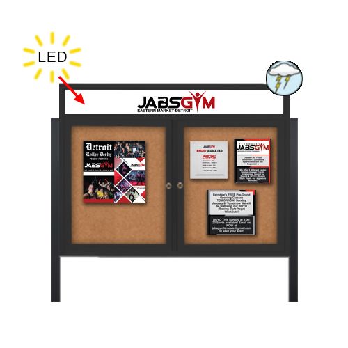Outdoor Enclosed 42x32 Bulletin Cork Boards with Illuminated Header (Radius Edge & Leg Posts, 2 Doors)