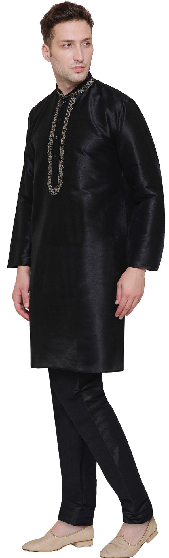 Men's Dupion Silk Kurta Pajama - Traditional Indian Clothing (Black)