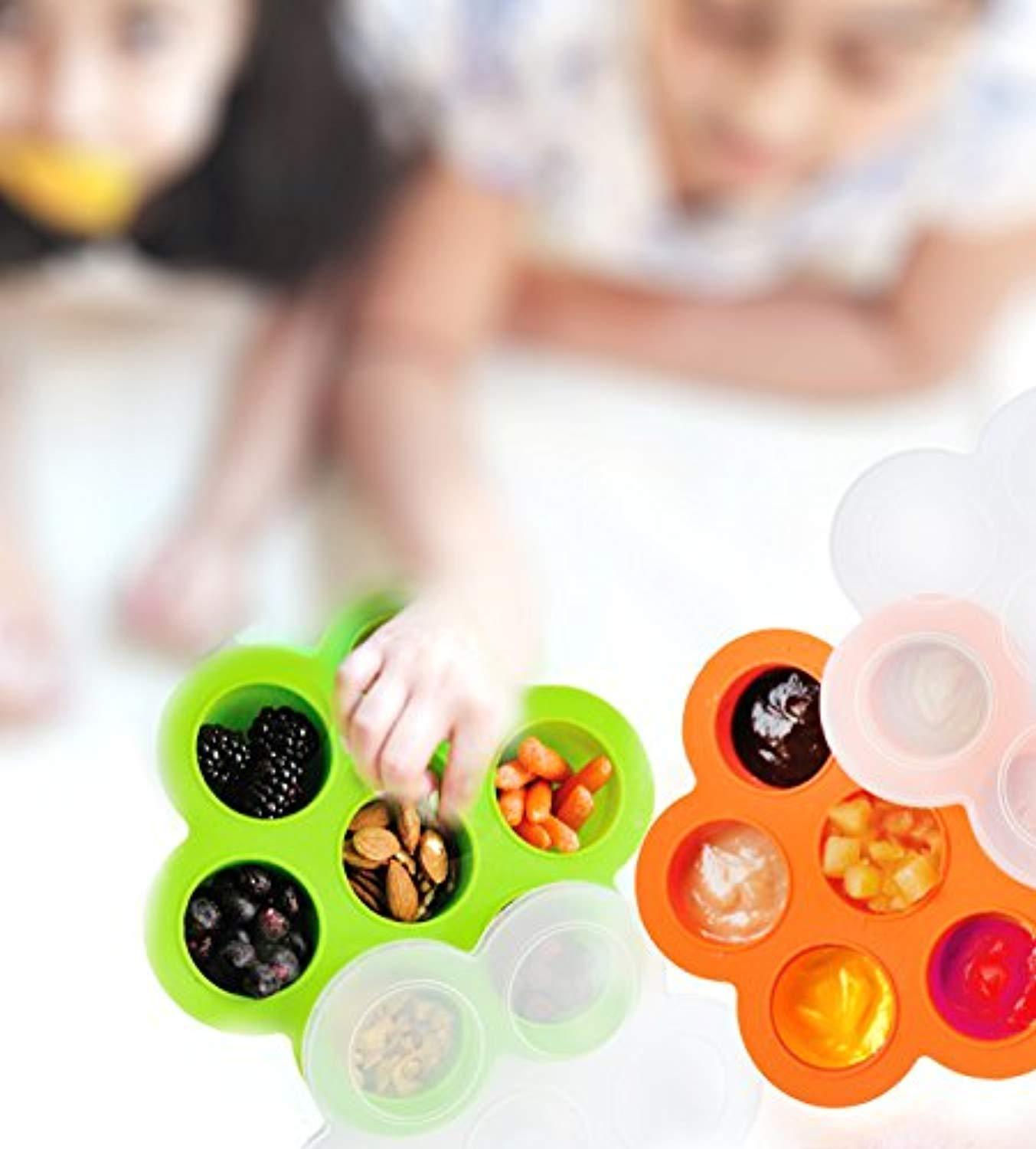 REDNOLIA Baby Food Freezer Tray with Spoon - BPA-Free Silicone Food Storage Container for Homemade Baby Food Purees and BreastMilk (7 x 2.5 OZ, Orange)
