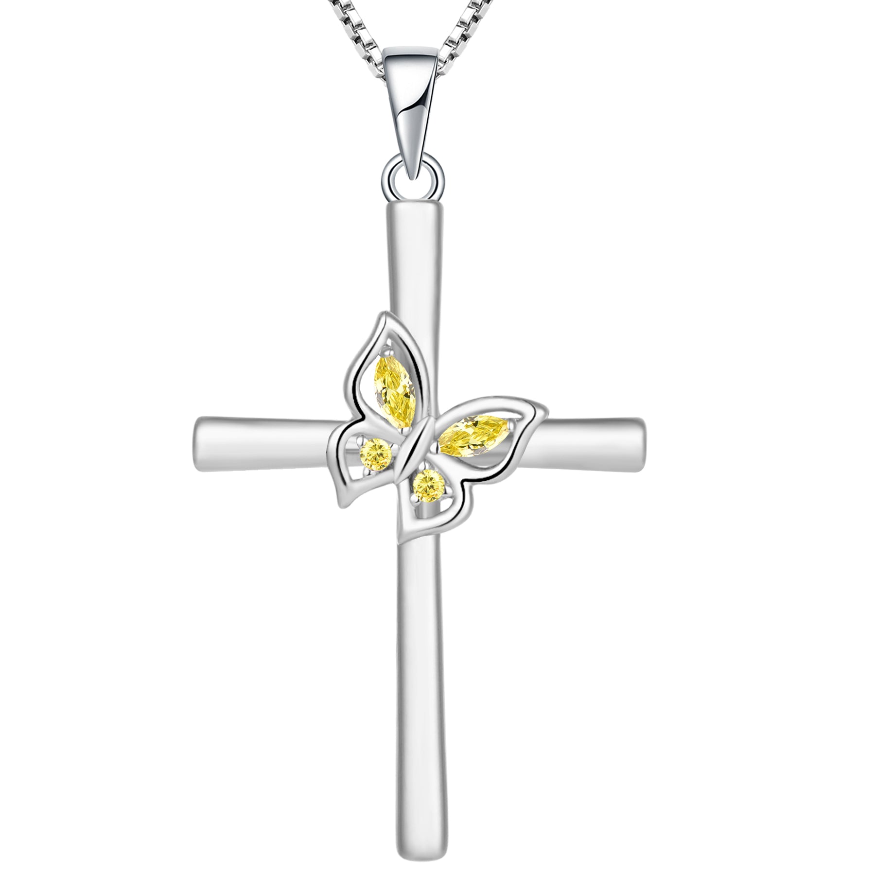 Yeelery Butterfly Cross Gem Necklace - 925 Sterling Silver Elegant Jewelry