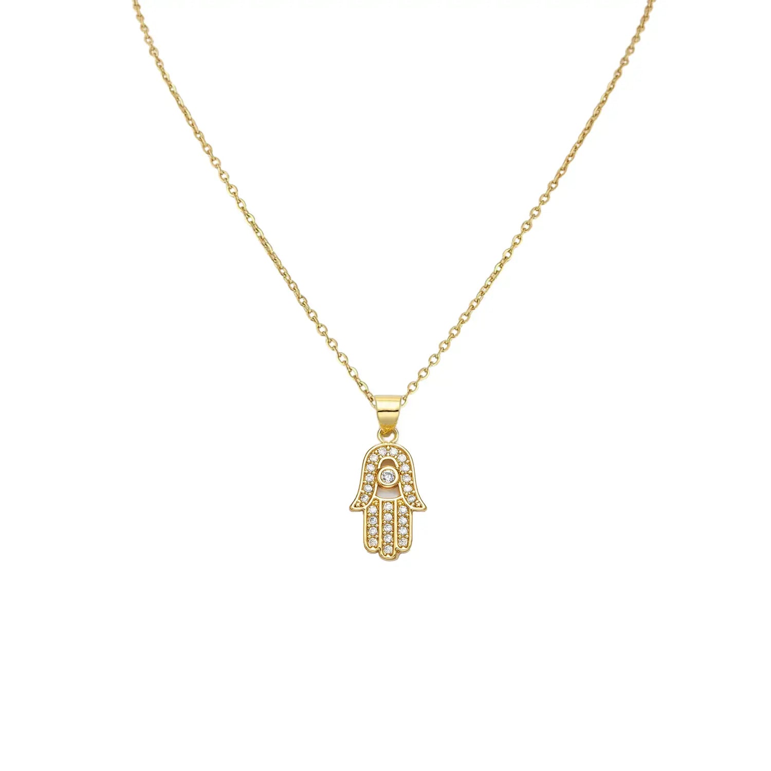 Hamsa Hand Evil Eye Charm Necklace - 16k Gold Filled Brass or White Gold Filled Brass with Crystal Cubic Zirconia