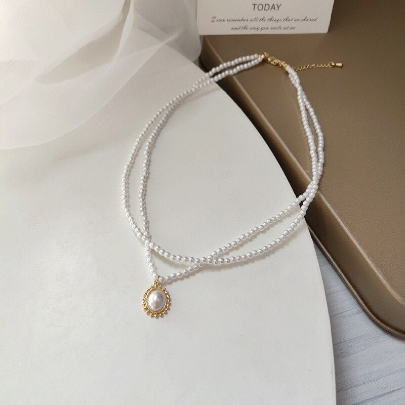 2021 Kpop Pearl Choker Necklace - Double Layer Chain Pendant for Women
