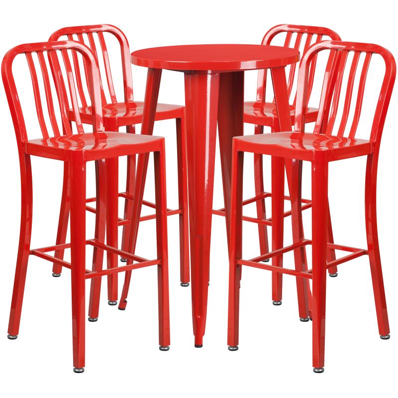 CH-51080BH-4-30VRT Richard Commercial Grade 24 Round Red Metal Indoor-Outdoor Bar Table Set with 4 Stools