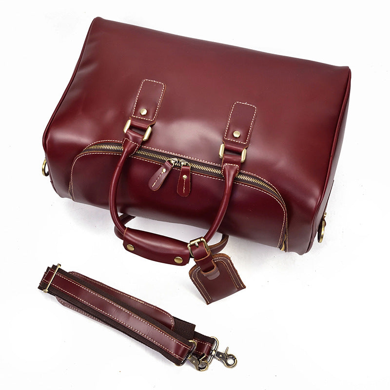 Cool Red Large Leather Men's Overnight Travel Duffle Weekender Bag