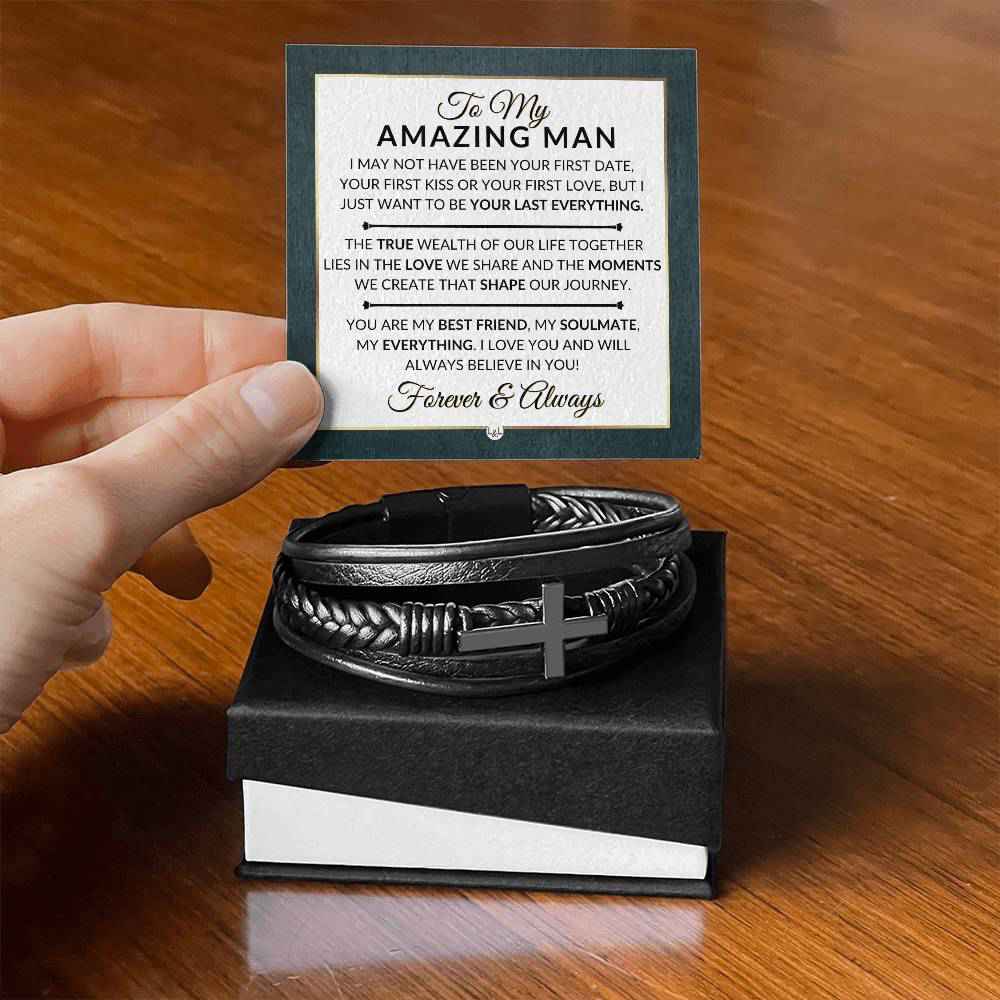 Unique Gift For My Man - Braided Leather Bracelet with Cross for Christmas, Valentines Day, Anniversary or Birthday