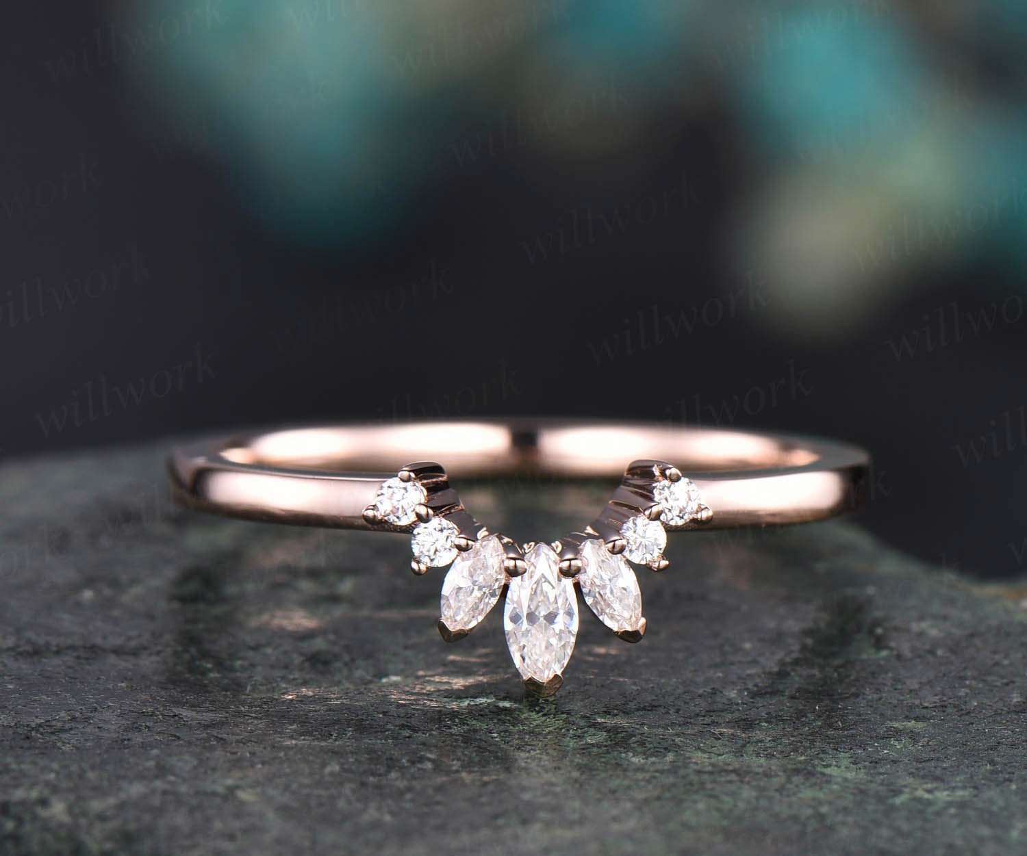 Vintage Art Deco Marquise Moissanite Wedding Ring - 14k Rose Gold Custom Jewelry