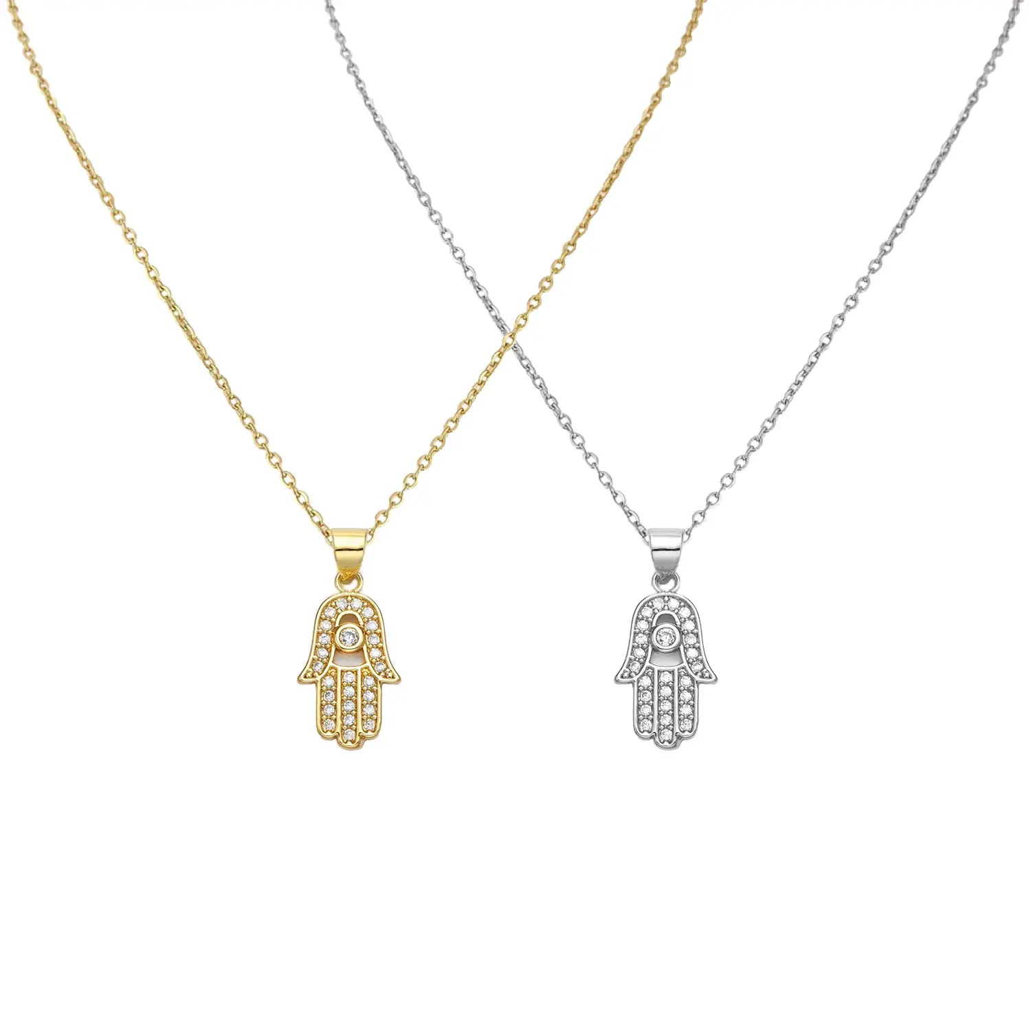 Hamsa Hand Evil Eye Charm Necklace - 16k Gold Filled Brass or White Gold Filled Brass with Crystal Cubic Zirconia