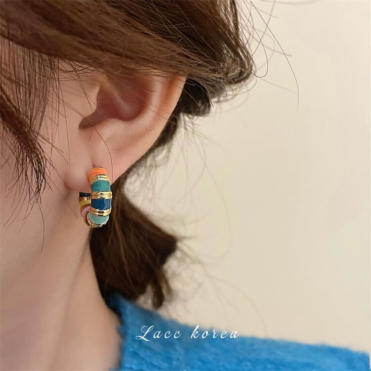 Korean Design 14K Gold Plated Enamel Drop Earrings for Women