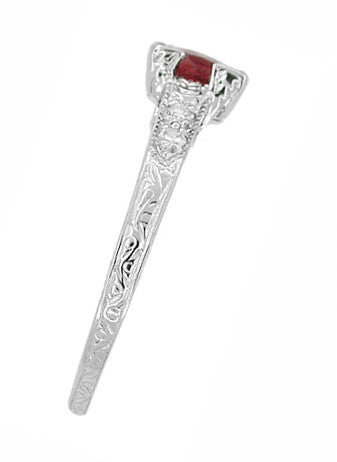 1920s Art Deco Ruby and Diamonds Engraved Fishtail Engagement Ring in 18K White Gold
