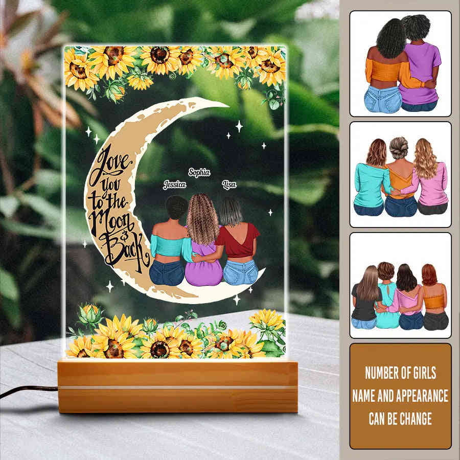 Personalized 3D LED Light Wooden Base - Love To The Moon And Back Mom And Daughters Gift
