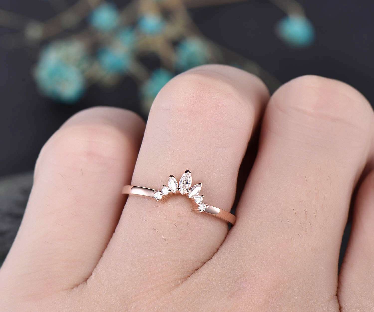 Vintage Art Deco Marquise Moissanite Wedding Ring - 14k Rose Gold Custom Jewelry