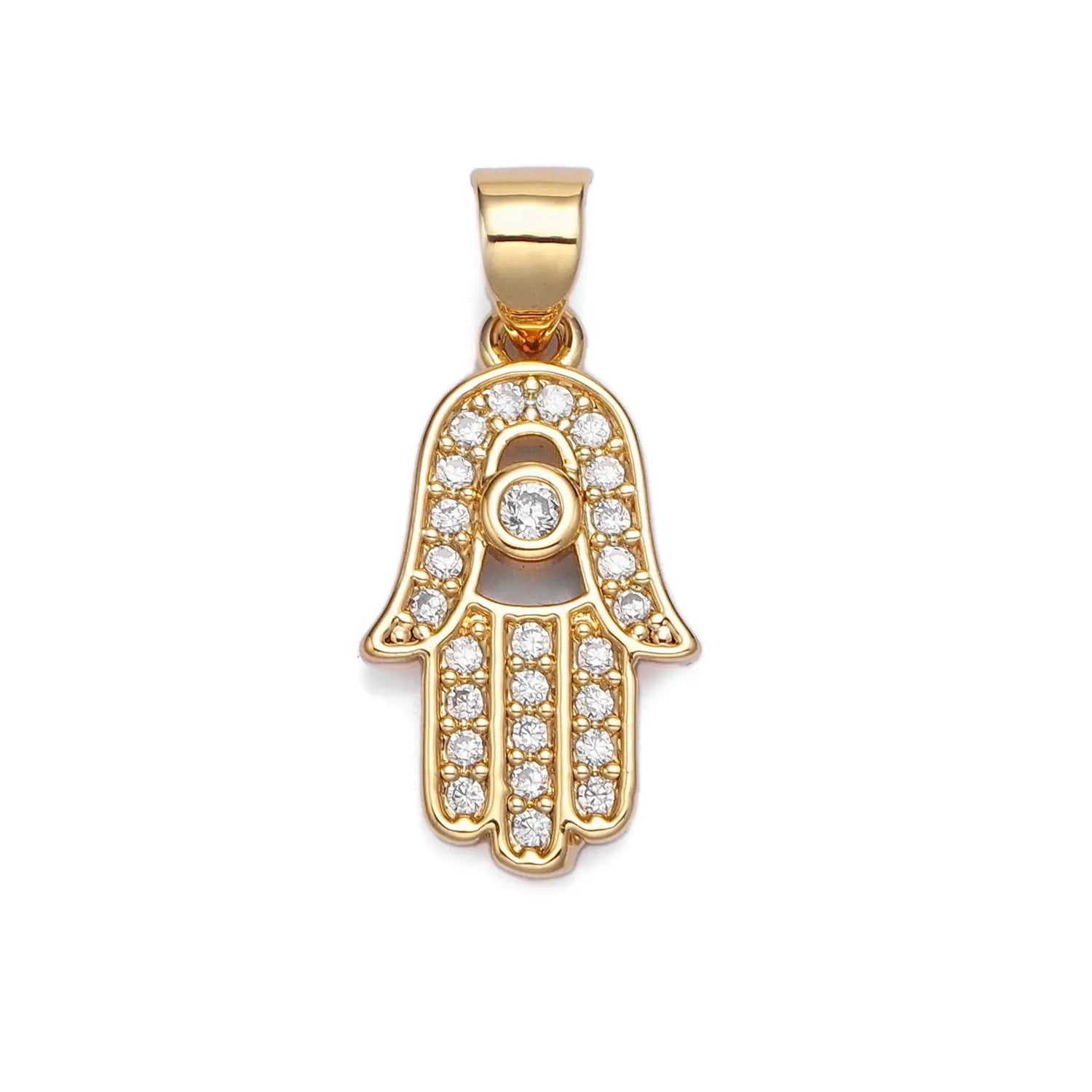 Hamsa Hand Evil Eye Charm Necklace - 16k Gold Filled Brass or White Gold Filled Brass with Crystal Cubic Zirconia