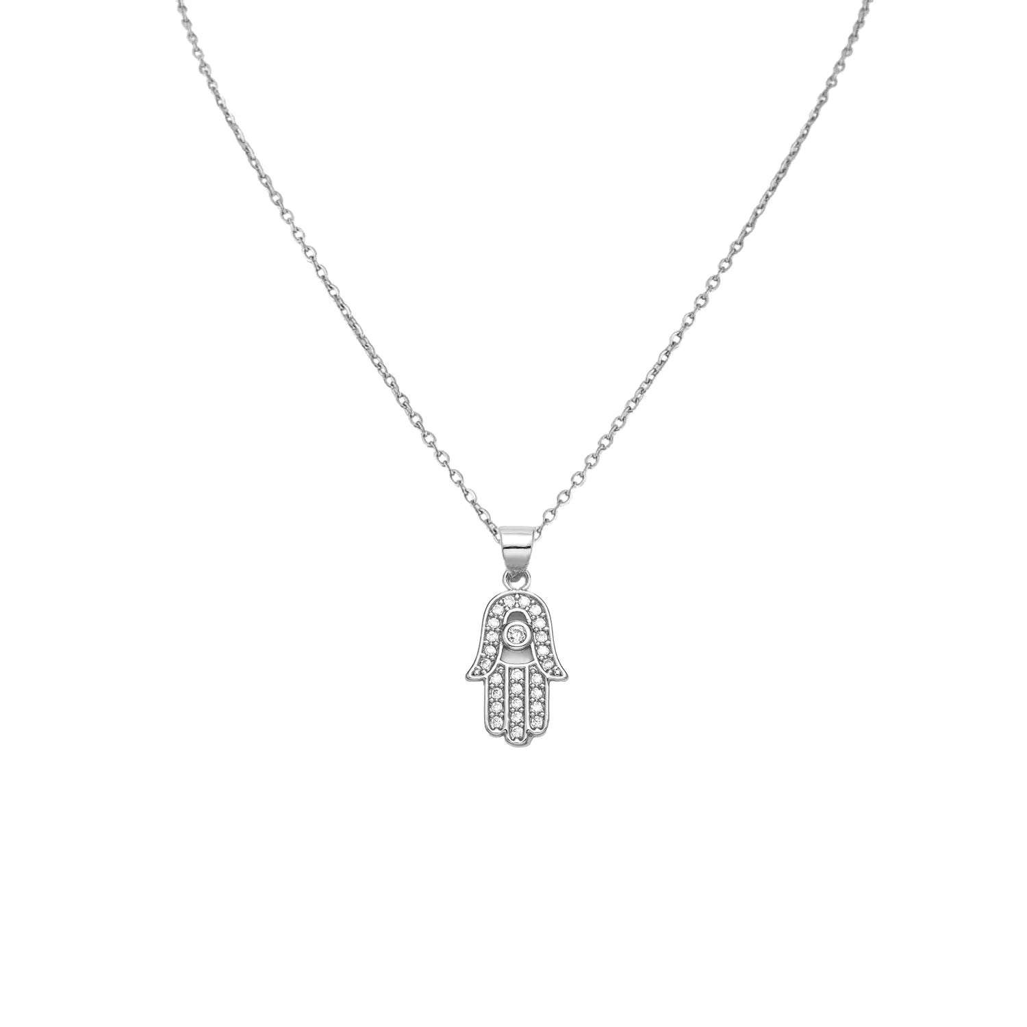 Hamsa Hand Evil Eye Charm Necklace - 16k Gold Filled Brass or White Gold Filled Brass with Crystal Cubic Zirconia