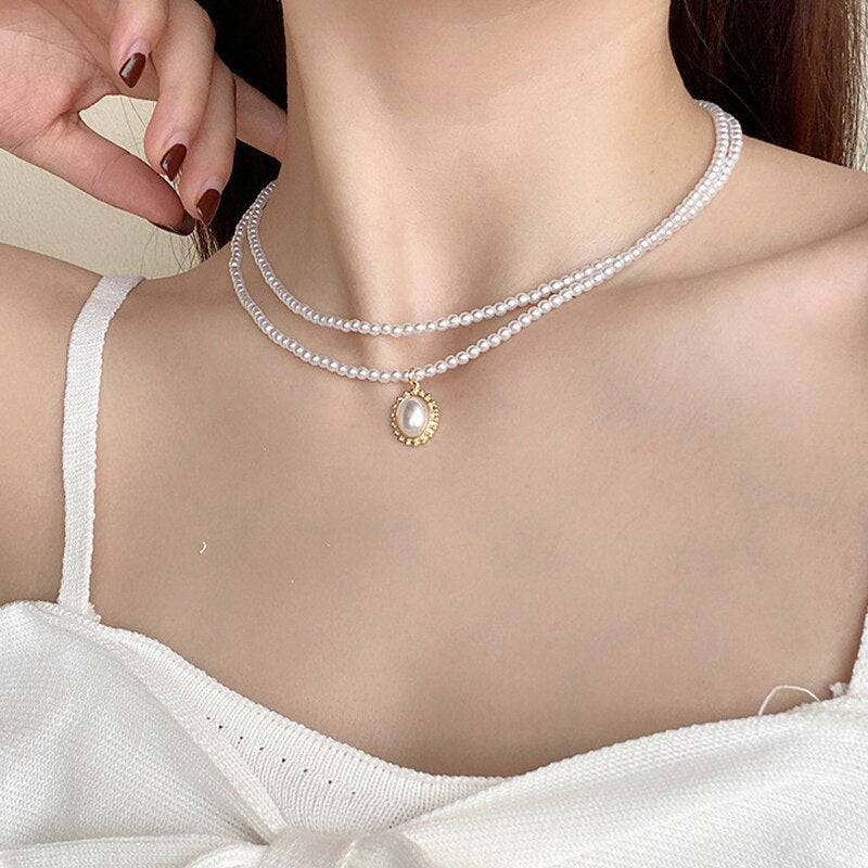 2021 Kpop Pearl Choker Necklace - Double Layer Chain Pendant for Women