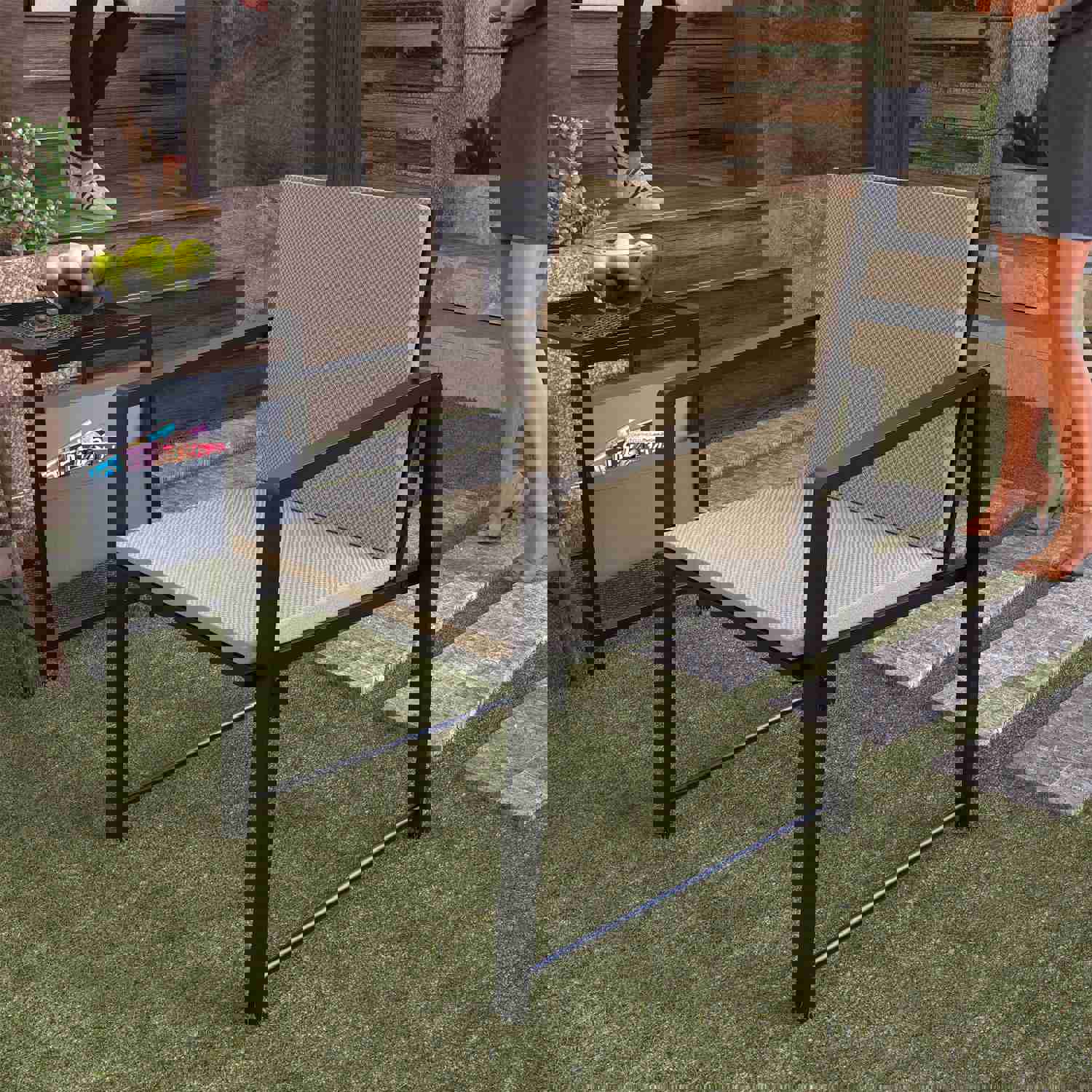 Outdoor Patio Furniture 3-Piece Set - Garden Armchair & Coffee Side Table (Black Frame, Modern Design)