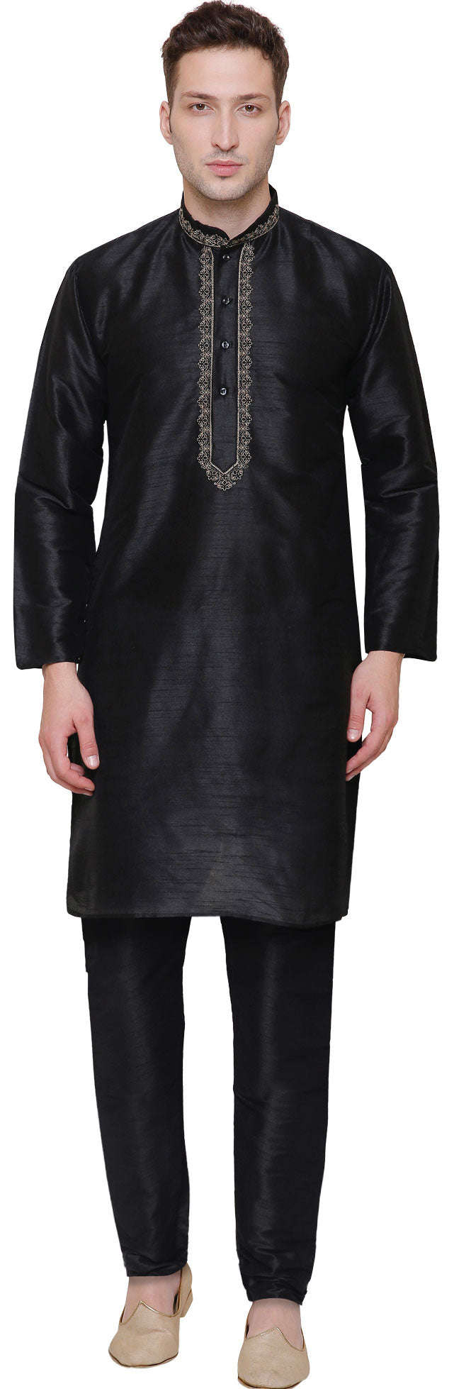Men's Dupion Silk Kurta Pajama - Traditional Indian Clothing (Black)