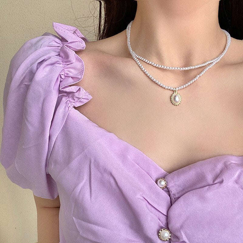 2021 Kpop Pearl Choker Necklace - Double Layer Chain Pendant for Women