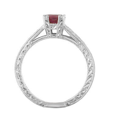 1920s Art Deco Ruby and Diamonds Engraved Fishtail Engagement Ring in 18K White Gold