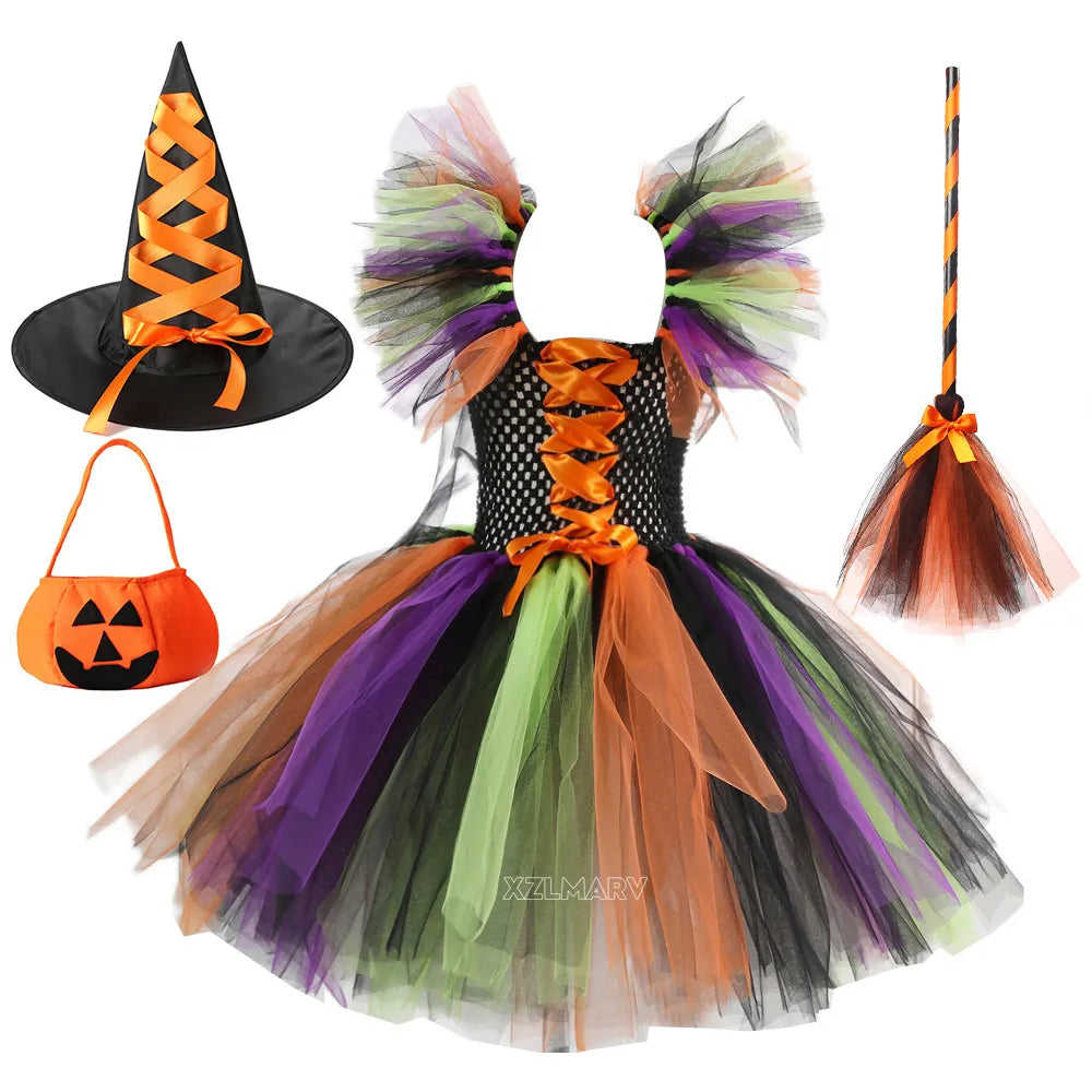 Kids Girls Carnival Vestidos Clothing Set with Bag and Hat for Halloween