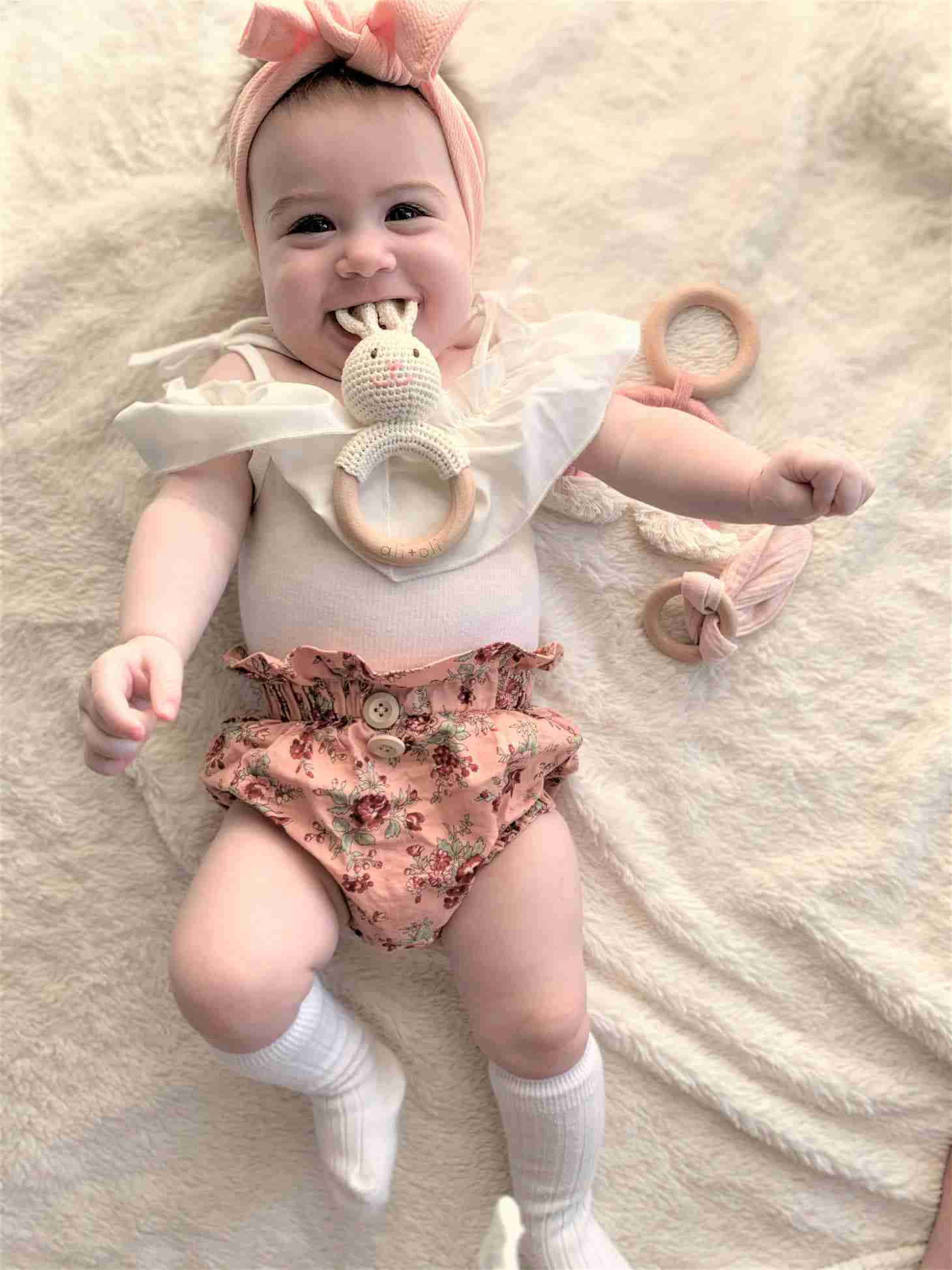 Baby Teething Toy Rattle Wood Ring Crochet - Bunny