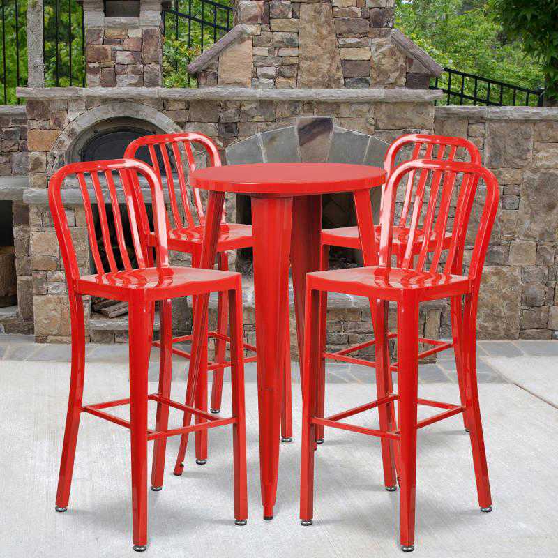 CH-51080BH-4-30VRT Richard Commercial Grade 24 Round Red Metal Indoor-Outdoor Bar Table Set with 4 Stools