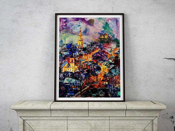 Bern Switzerland Watercolor Painting at Sunset - Fine Art Print