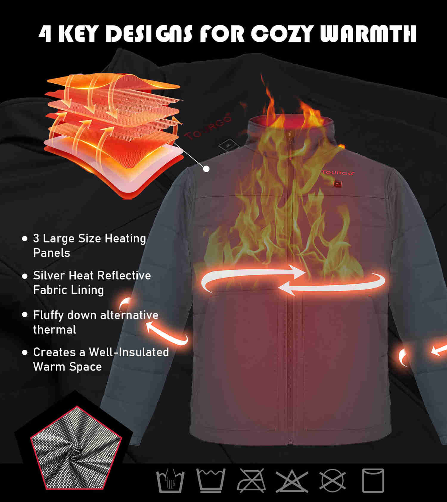 Tourgo Grey Battery Heated Work Jacket for Men - 12V 16000mAh Battery for Outdoor Work and Activities