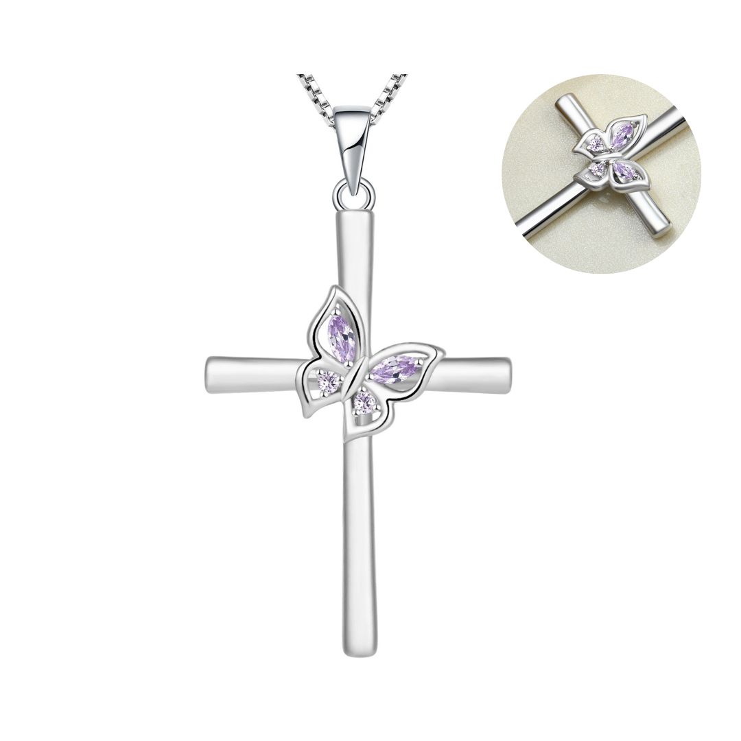 Yeelery Butterfly Cross Gem Necklace - 925 Sterling Silver Elegant Jewelry