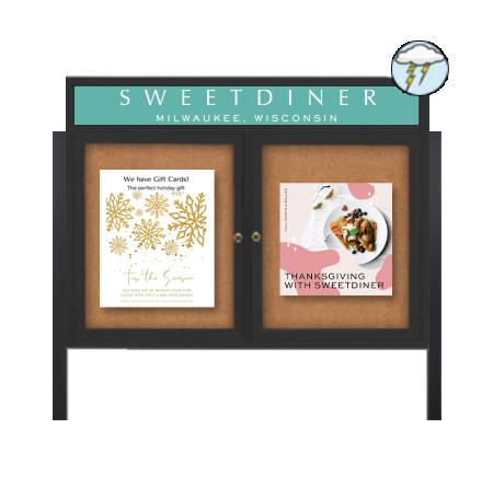 Freestanding Enclosed Outdoor Bulletin Boards 60 x 24 with Message Header and Posts (2 DOORS)