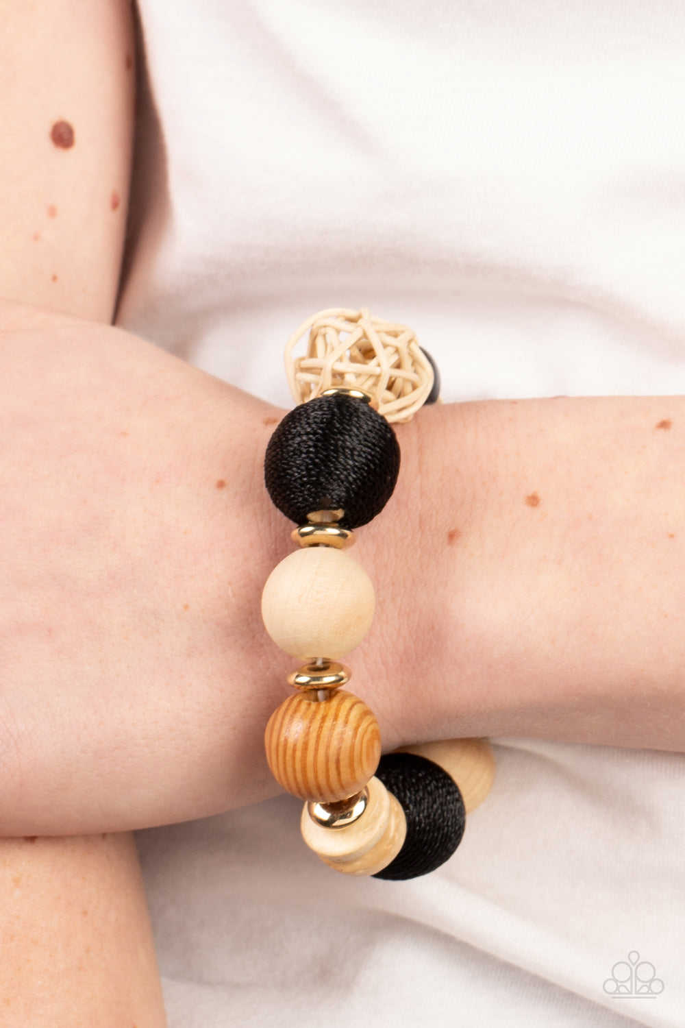 Happily Homespun - Black Paparazzi Bracelet with Rattan Sphere and Wooden Beads