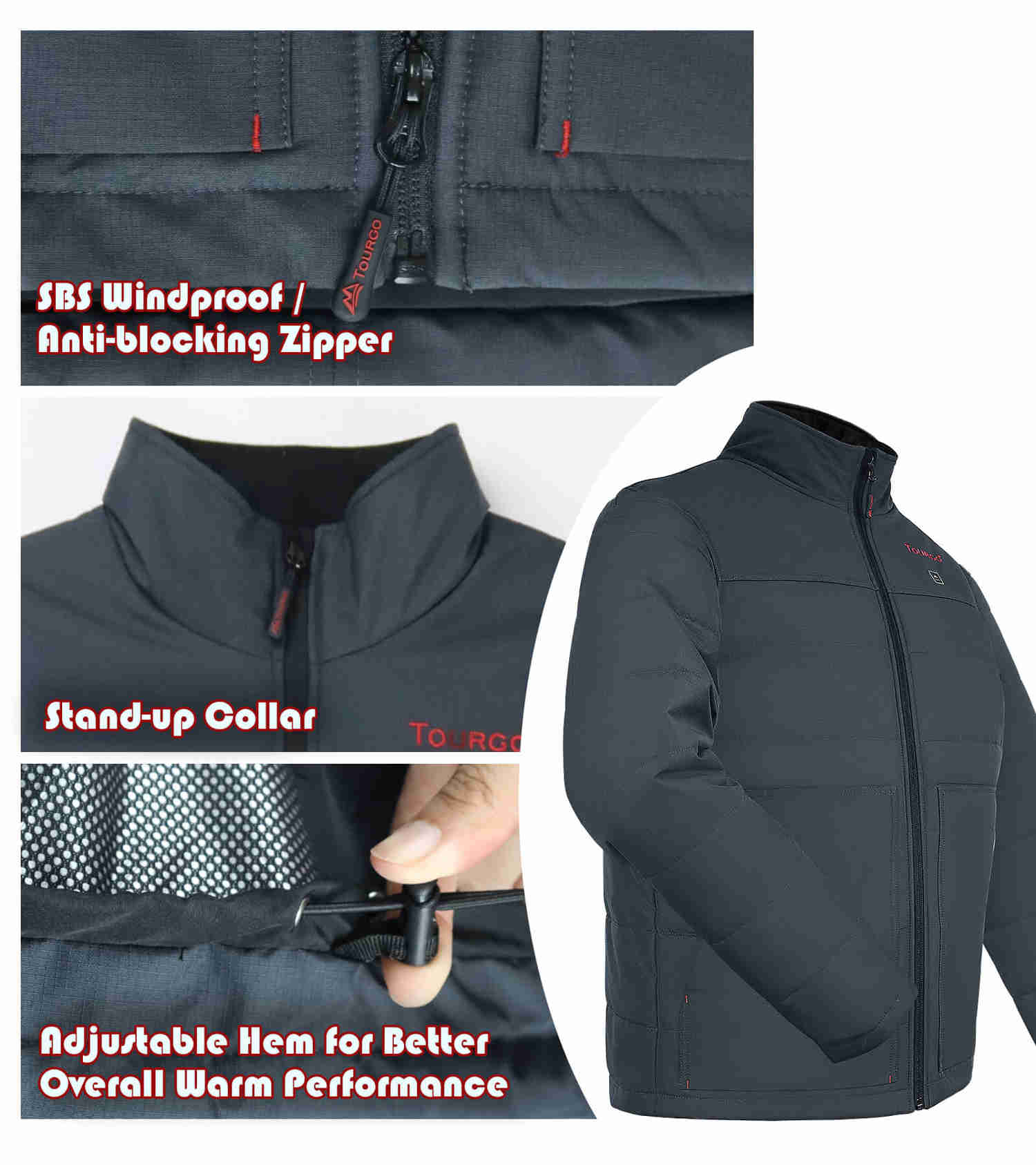 Tourgo Grey Battery Heated Work Jacket for Men - 12V 16000mAh Battery for Outdoor Work and Activities