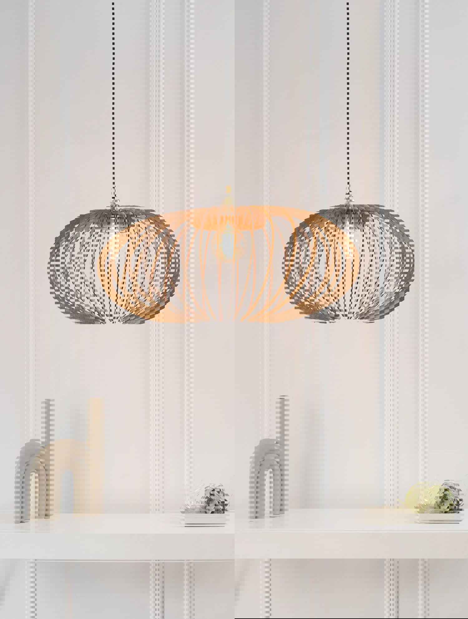 Elegant Pumpkin Pendant Light with Oak Wood Frame