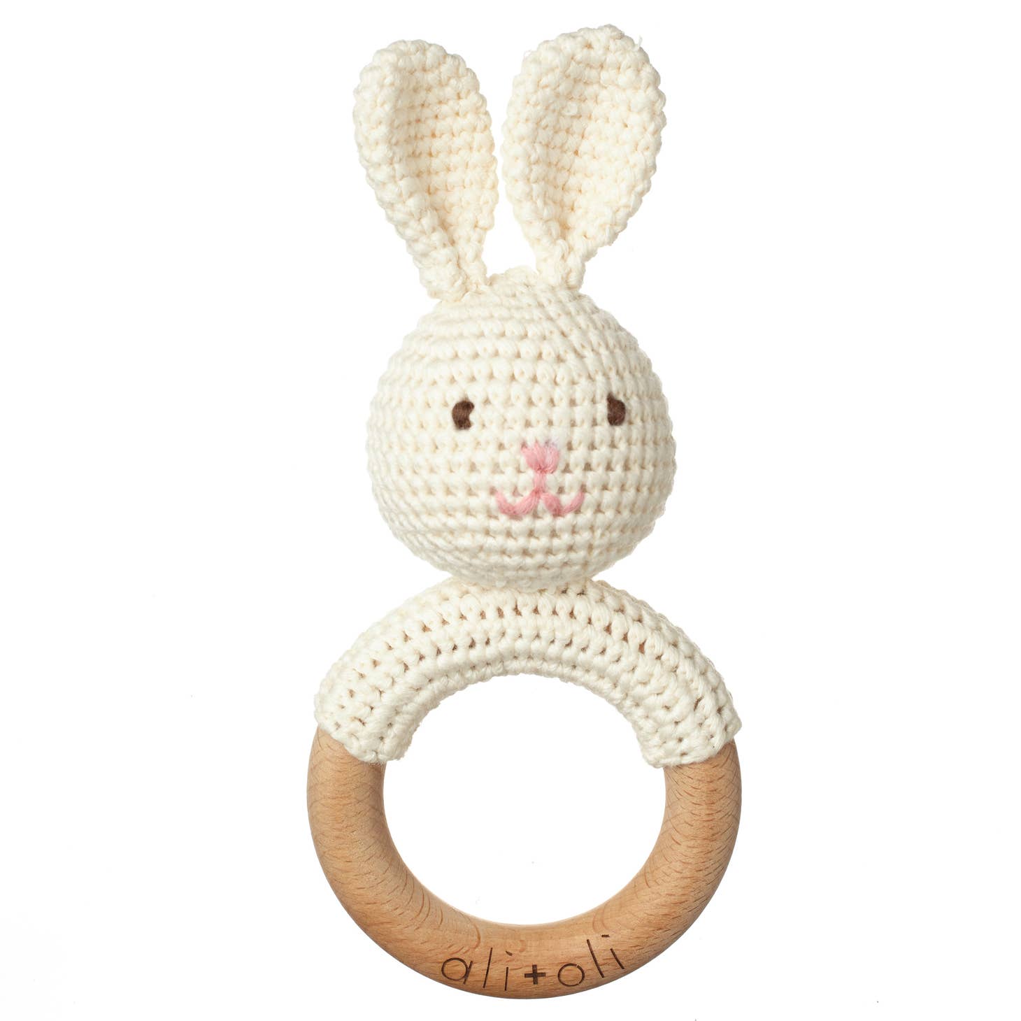 Baby Teething Toy Rattle Wood Ring Crochet - Bunny