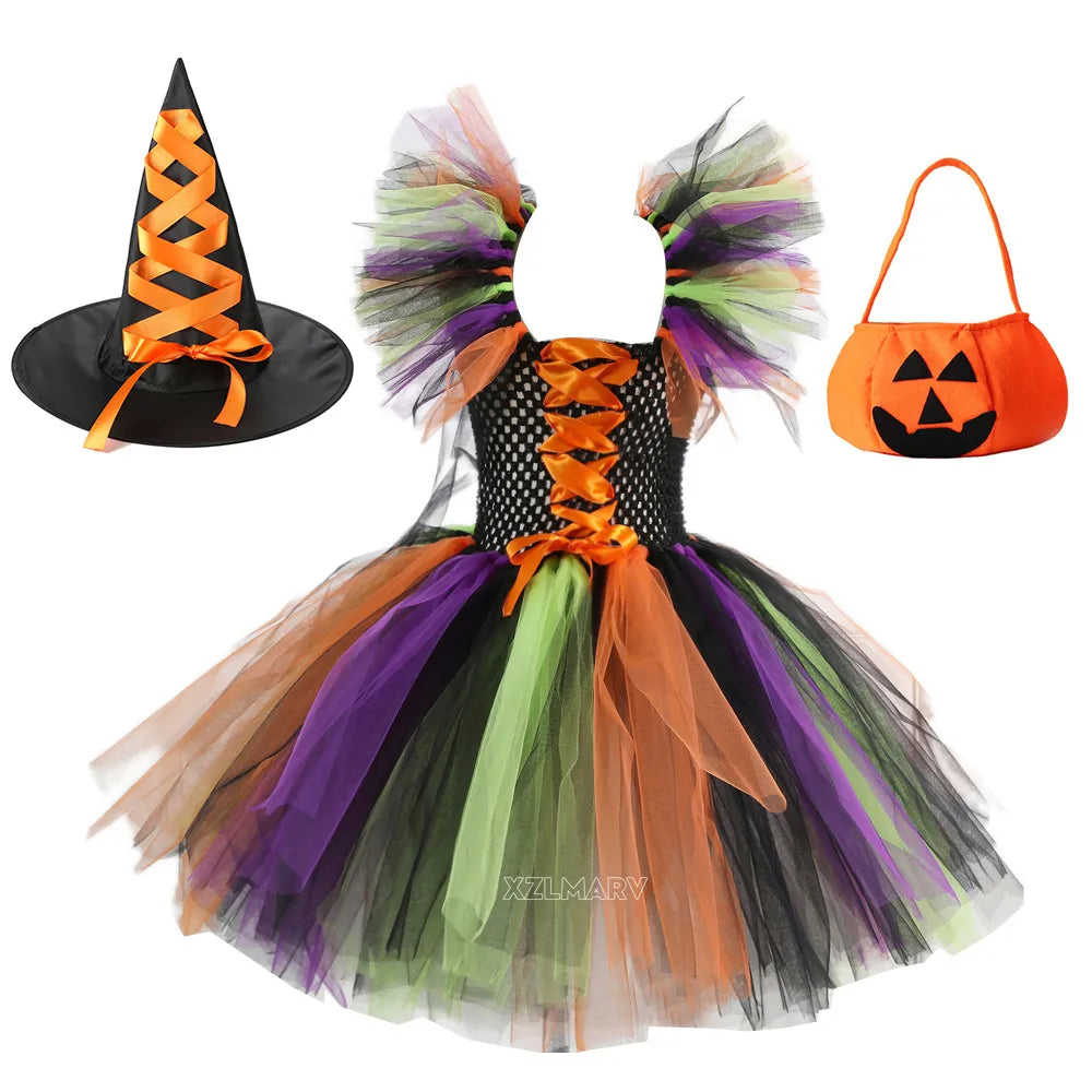 Kids Girls Carnival Vestidos Clothing Set with Bag and Hat for Halloween