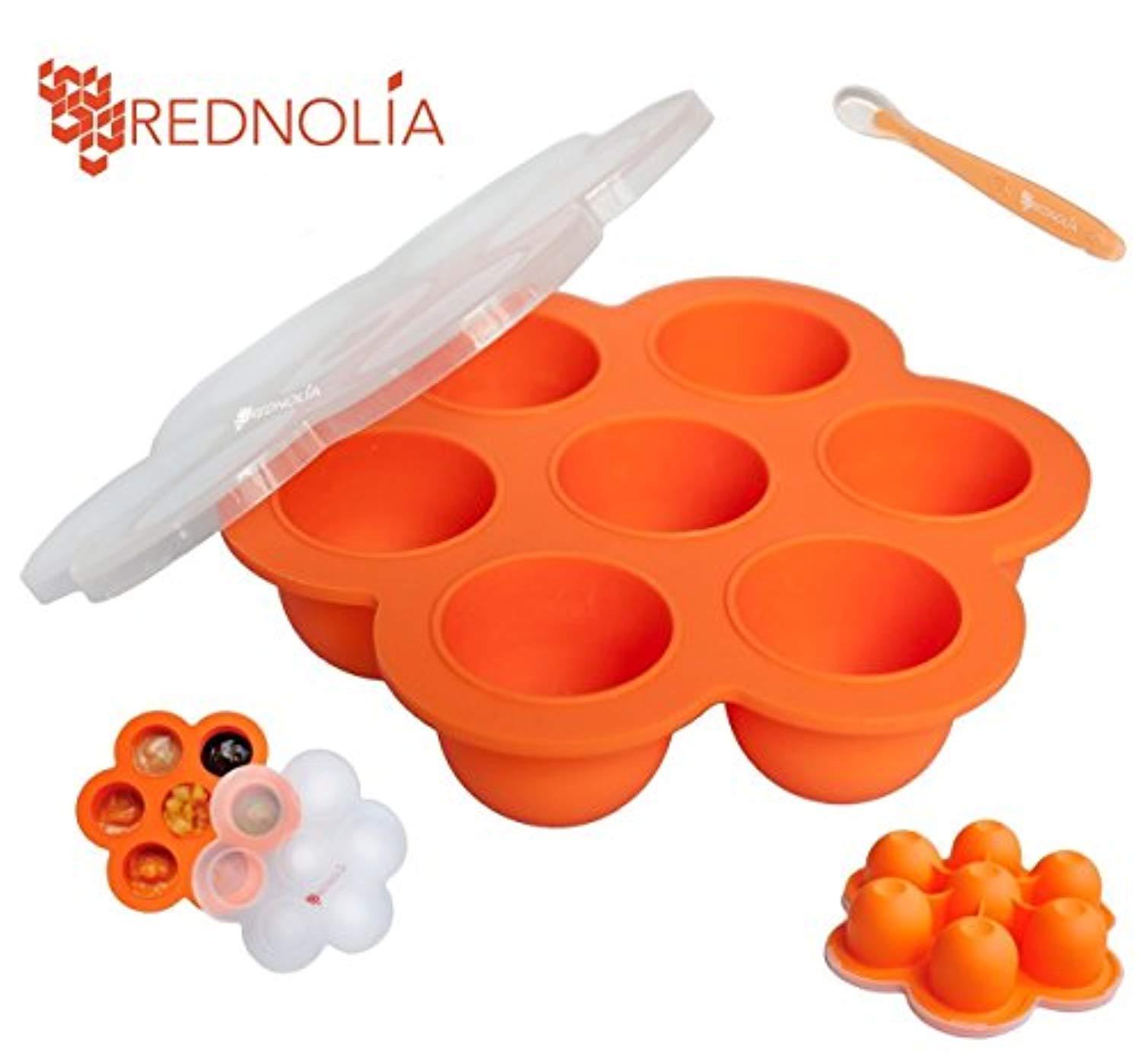 REDNOLIA Baby Food Freezer Tray with Spoon - BPA-Free Silicone Food Storage Container for Homemade Baby Food Purees and BreastMilk (7 x 2.5 OZ, Orange)
