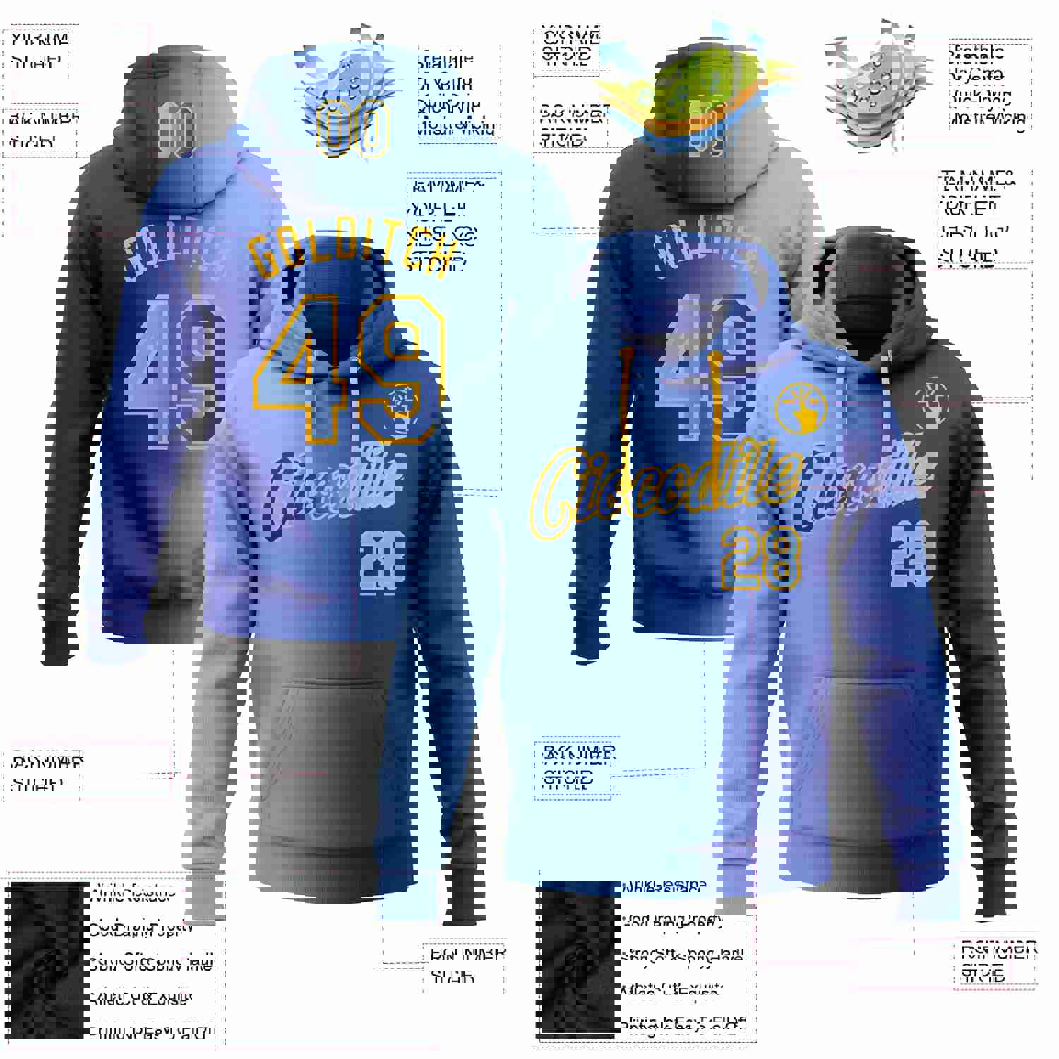 Custom Stitched Royal Light Blue-Gold Gradient Fashion Sports Pullover Sweatshirt Hoodie