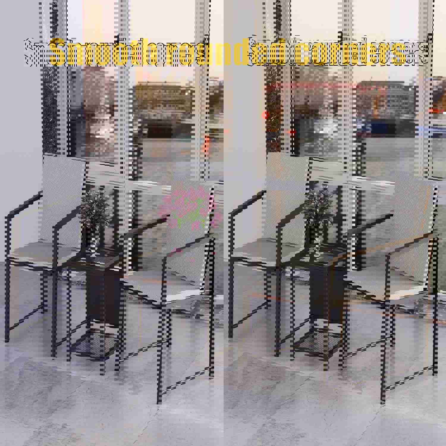Outdoor Patio Furniture 3-Piece Set - Garden Armchair & Coffee Side Table (Black Frame, Modern Design)