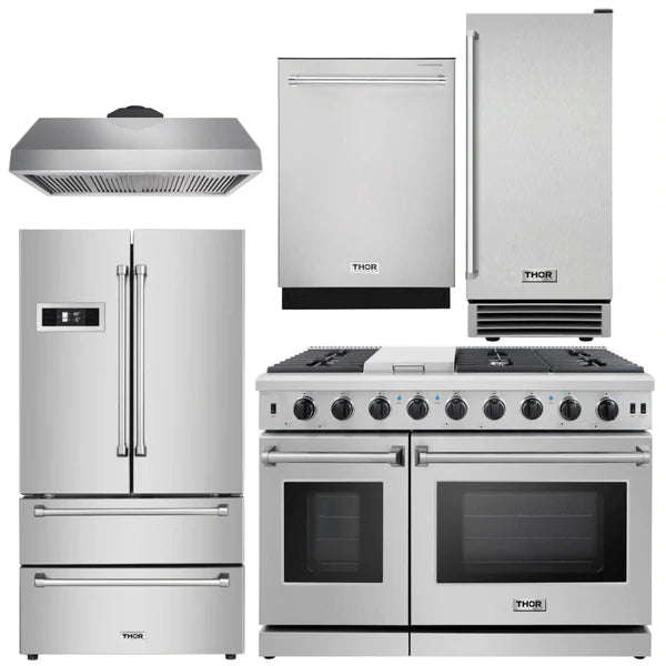 Thor Kitchen Package - 48 in. Gas Range, Range Hood, Refrigerator, Dishwasher, Ice Maker