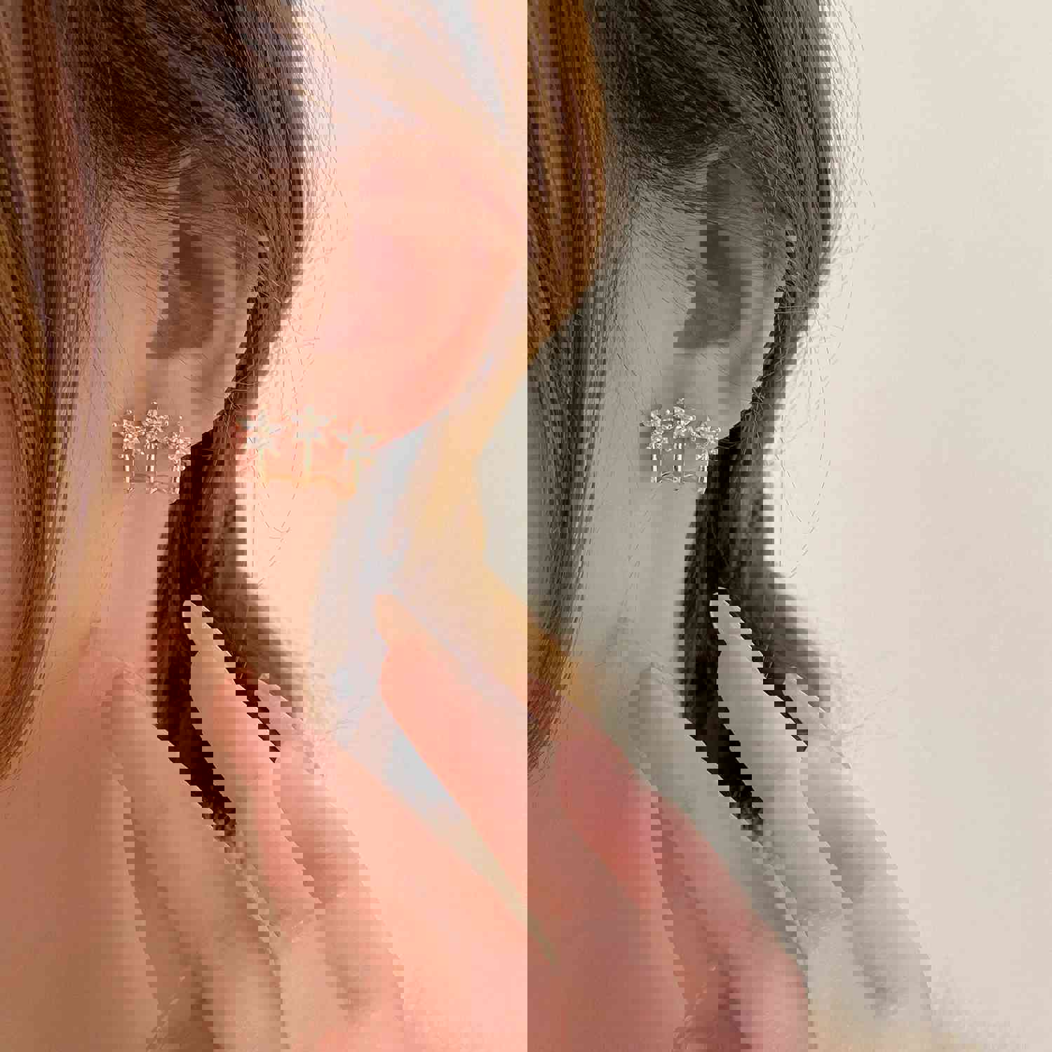 Korea Design Exquisite Copper Zircon Three Flower Stud Earrings for Women