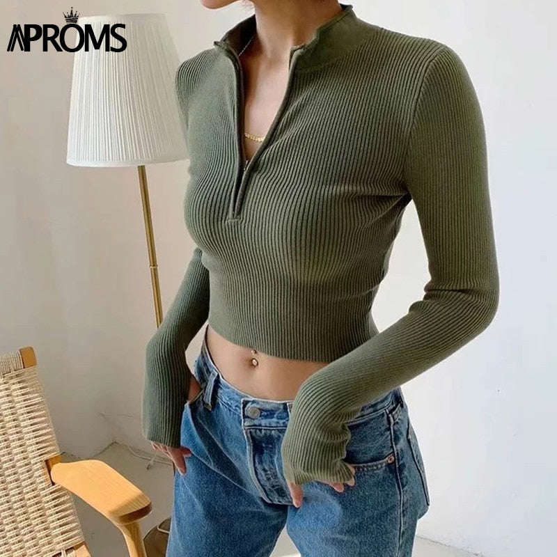 Aproms Elegant High Neck Zipper Front Knitted Sweater for Women